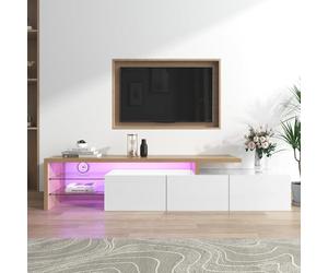 Merax Armoire TV basse avec éclairage LED - Meuble TV moderne avec étagère en verre - Table TV pour salon et salle à manger - Naturel + blanc - 197,5 x 39,5 x 42 cm (L x l x H)
