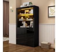 Merax Armoire Vitrine LED Noir Haute Brillance, Buffet Moderne avec Étagères en Verre et 2 Portes, Meuble de Rangement avec Éclairage LED pour Salon/Bureau, 170 cm