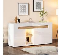 Merax Bahut avec éclairage LED, placard de cuisine avec 3 portes et étagères en verre ouvertes, buffet moderne à haut brillant, placard de rangement polyvalent pour salle à manger, salon, cuisine