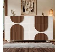 Merax Buffet avec 6 tiroirs - Buffet en bois massif - Avec design incurvé et lattes en bois couleur chocolat et sécurité anti-basculement - MDF + bois massif - Blanc - 121 x 41 x 71 cm (l x P x H)