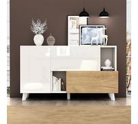 Merax Buffet blanc à haute brillance avec finition bois, moderne pour salle à manger avec espace de rangement, portes sans poignées, meuble de salon minimaliste scandinave, rangement multifonctionnel