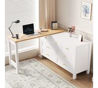 Merax Bureau avec 7 tiroirs, buffet et poste de travail 2 en 1, pivotant à 360°, bureau d'angle en forme de L ou coiffeuse, grand espace de rangement et design moderne, montage facile, blanc et