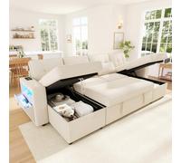 Merax Canapé d'angle avec fonction couchage et coffre de lit, canapé lit extensible en forme de U, canapé-lit avec éclairage LED, USB/Type-C et accoudoirs, double méridienne, canapé chenille, beige