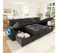 Merax Canapé d'angle avec fonction couchage et coffre de lit, canapé lit extensible en forme de U, canapé-lit avec éclairage LED, USB/Type-C et accoudoirs, double méridienne, canapé chenille, gris