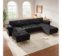 Merax Canapé d'angle en forme de U avec 2 méridiennes, canapé 4 places pour salon, housse chenille aspect nuage avec coussin en mousse double couche, noyau à ressorts ensachés, pieds en métal doré