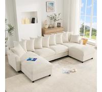 Merax Canapé d'angle modulaire 6 places, canapé flexible en forme de U et L avec 2 tabourets mobiles, canapé en chenille gaufrée avec port USB et de type C, noyau à ressorts ensachés, 10 coussins