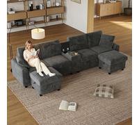 Merax Canapé d'angle modulaire en forme de U 4 places avec repose-pieds multifonctionnel en forme de L / U), 2 prises, USB + type C, compartiments de rangement et porte-gobelets, housse en velours