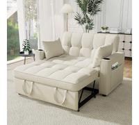 Merax Canapé-lit 2 places avec fonction lit, Canapé convertible 3-en-1 rabattable avec dossier réglable, porte-gobelets et poches d’accoudoirs, en velours, Beige 137 x 76,5 x 83 cm
