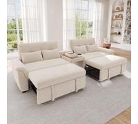 Merax Canapé-lit extensible avec dossier réglable, canapé fonctionnel avec lit double, table basse avec 2 porte-gobelets, 4 coussins, tissu chenille, beige