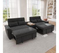 Merax Canapé-lit extensible avec dossier réglable, canapé fonctionnel avec lit double, table basse avec 2 porte-gobelets, 4 coussins, tissu chenille, gris foncé