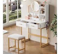 Merax Coiffeuse moderne avec éclairage LED, miroir rotatif et prises, avec tabouret, pieds en métal doré, 2 tiroirs et 2 compartiments ouverts, blanc, 80 x 40 x 138,5 cm