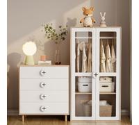 Merax Ensemble armoire et commode pour enfants, 2 pièces, 4 tiroirs commode, 2 portes vitrées armoire, rangement pour chambre d'enfant, blanc+naturel