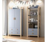 Merax Ensemble d'armoires pour enfants, armoire de chambre d'enfant et étagère sur pied Bibliothèque, avec 2 portes, 4 tiroirs, tringle à vêtements, 4 niveaux, bleu