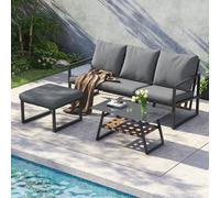 Merax Ensemble de meubles de jardin composé d'un canapé d'angle 3 places, d'une table basse avec plateau en verre & d'un tabouret, Outdoor Lounge Set résistant aux intempéries, meubles de balcon avec 
