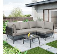 Merax Gartenlounge-Set 3-pièces groupe de sièges avec table et canapé, Polyrattan Gartenmöbel Set mit Eisenrahmen und Kissen, Balkonmöbel für 3-4 personen, Grau