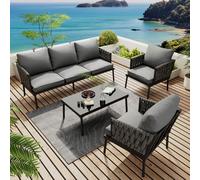 MERAX Gartenlounge-Set 4-pièces, groupe de sièges Garniture de jardin Meubles de terrasse, meubles de jardin 5 places avec accoudoirs en corde tressée & plateau de table en verre