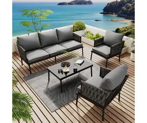 MERAX Gartenlounge-Set 4-pièces, groupe de sièges Garniture de jardin Meubles de terrasse, meubles de jardin 5 places avec accoudoirs en corde tressée & plateau de table en verre