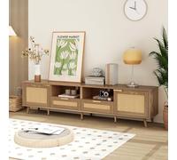 Merax Grand meuble TV en rotin avec 2 portes, 2 tiroirs, 2 espaces de rangement ouverts, pieds en bois massif, buffet rustique pour salon, salle à manger, chêne foncé, 200 x 37 x 49 cm