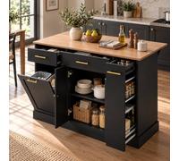 Merax Îlot de cuisine avec plan de travail, 120 cm, îlot de cuisine autonome avec plan de travail pliable, armoire de cuisine avec compartiment à poubelle, étagère latérale extensible, 3 tiroirs et