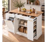 Merax Îlot de cuisine avec plan de travail, 120 cm, îlot de cuisine autonome avec plan de travail pliable, armoire de cuisine avec compartiment à poubelle, étagère latérale extensible, 3 tiroirs et