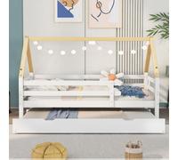 Merax Lit cabane dans les arbres Lit simple avec lit gigogne, lit de jour coulissant avec roulettes, lit d'enfant 90x200 & 90x190 cm en bois massif, blanc + naturel