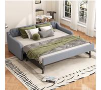 Merax Lit capitonné, 90 x 200 cm, avec lit gigogne, extensible, avec port USB, cadre de lit double avec sommier à lattes, canapé-lit, lit d'invité, lit pour adolescent, en lin, sans matelas, gris