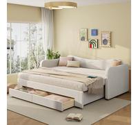 Merax Lit capitonné, 90 x 200 cm, extensible jusqu'à 180 cm, lit de jour avec 2 tiroirs et station de charge USB-C, canapé-lit peu encombrant avec fonction lit journalier, velours, beige (sans matelas