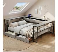 Merax Lit capitonné, canapé-lit, 90 x 200 cm, avec station de charge USB-C, lit de jour avec 2 tiroirs et 6 compartiments de rangement cachés, sommier à lattes en métal, tissu lin de couleur béton