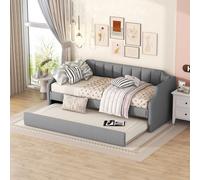 Merax Lit de jour 90x200/190cm Lit gigogne, Canapé-lit extensible avec sommier à lattes et accoudoirs, Lit rembourré en lin Lit d'enfant