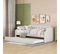 Merax Lit de jour 90x200/190cm Lit gigogne, Canapé-lit extensible avec sommier à lattes et accoudoirs, Lit rembourré en lin Lit d'enfant