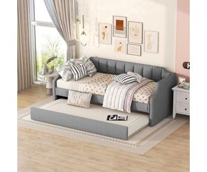 Merax Lit de jour 90x200/190cm Lit gigogne, Canapé-lit extensible avec sommier à lattes et accoudoirs, Lit rembourré en lin Lit d'enfant