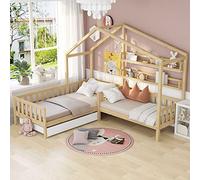 Merax Lit de Maison Double pour 2 Enfants avec Tiroirs et Étagères, 90 x 200 cm et 140 x 70 cm, Structure en L en Bois Massif avec Clôture et Sommier à Lattes, Naturel