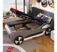 Merax Lit de voiture pour enfants 90x200cm avec protection contre les chutes et sommier à lattes, lit hydraulique au sol avec espace de rangement, lit de jeu simple similicuir, gris