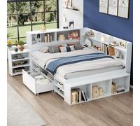 Merax Lit d'enfant 140x200 avec tiroirs, bibliothèque et armoire de rangement, lit simple avec sommier à lattes et espace de rangement, lit en bois multifonctionnel blanc