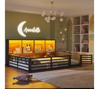Merax Lit d'enfant 140x200 cm, avec clôtures, LED, Grandes étagères, Lit au sol, Lit plat, Lit en fer, Lit pour adolescents, Noir
