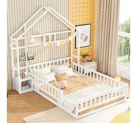 Merax Lit d'enfant 140x200cm avec protection contre les chutes, table de nuit et sommier à lattes, lit au sol en bois massif lit simple et double lit d'intérieur, blanc