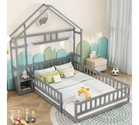 Merax Lit d'enfant 140x200cm avec protection contre les chutes, table de nuit et sommier à lattes, lit au sol en bois massif lit simple et double lit d'intérieur, gris