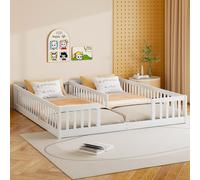 Merax lit d'enfant 2× 90x200 cm, lit en bois massif avec grille, sommier à lattes, bois de pin, lit au sol, lit plat, lit pour adolescent, blanc