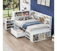Merax Lit d'enfant 90x200 avec tiroirs, bibliothèque et armoire de rangement, lit simple avec sommier à lattes et espace de rangement, lit en bois multifonctionnel blanc