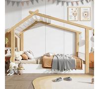 Merax lit d'enfant 90x200 cm, lit de maison en bois avec sommier à lattes stable, design simple, lit simple robuste en pin+panneau de particules+MDF, blanc+naturel