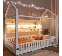 Merax Lit d'enfant 90x200 cm, Lit plateforme en forme de maison avec éclairage LED, clôture de sécurité, étagères, lit d'adolescent en métal, lit au sol, lit en fer, blanc