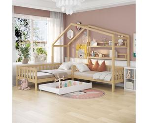Merax Lit d'enfant 90x200cm/140x70cm Lit de maison en bois massif L-structure maison d'enfant avec tiroirs, étagères, clôture et sommier à lattes, pin lit de jeu maison d'enfant pour deux enfants, nat