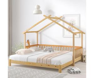 Merax Lit d'enfant 90x200cm/180x200cm Lit extensible Lit de maison extensible avec protection contre les chutes et forme de toit, bois massif Lit simple et double Maison d'enfant