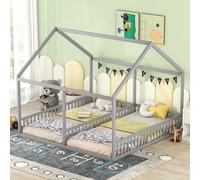 Merax Lit d'enfant 90x200cm avec protection contre les chutes, sommier à lattes et forme de toit, deux lits simples sous un même toit, 2 en 1 lit d'intérieur en pin lit plateforme pour 2 enfants, gris