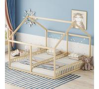 Merax Lit d'enfant 90x200cm avec protection contre les chutes, sommier à lattes et forme de toit, deux lits simples sous un même toit, lit d'intérieur 2 en 1 en bois de pin lit plateforme pour 2 enfan