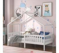 Merax Lit d'enfant 90x200cm Lit de maison avec protection contre la chute, barrière et sommier à lattes, maison d'enfant lit de jeu en bois pour chambre d'enfant et d'adolescent, blanc