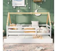 Merax Lit d'enfant 90x200cm Lit gigogne avec protection contre la chute et sommier à lattes, en bois massif Lit de jour simple et double Lit de maison Lit coulissant