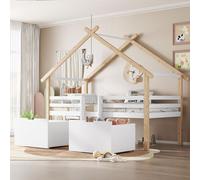 Merax Lit d'enfant en bois 90x200 cm avec toit et escalier, Lit de maison mi-hauteur avec barrière à quatre côtés, 2 casiers avec roues, Blanc+Naturel