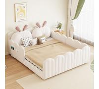 Merax Lit d'enfant Lit capitonné 140x200 cm, Lit plateforme rembourré avec coussin en forme de lapin, poches latérales, Lit d'adolescent, Lit double, Beige