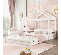 Merax Lit d'enfant Lit de maison 140x200 cm, forme maison avec sommier à lattes, bois de pin, lit au sol, lit plat, lit de jeunes, lit en bois massif, lit double, blanc